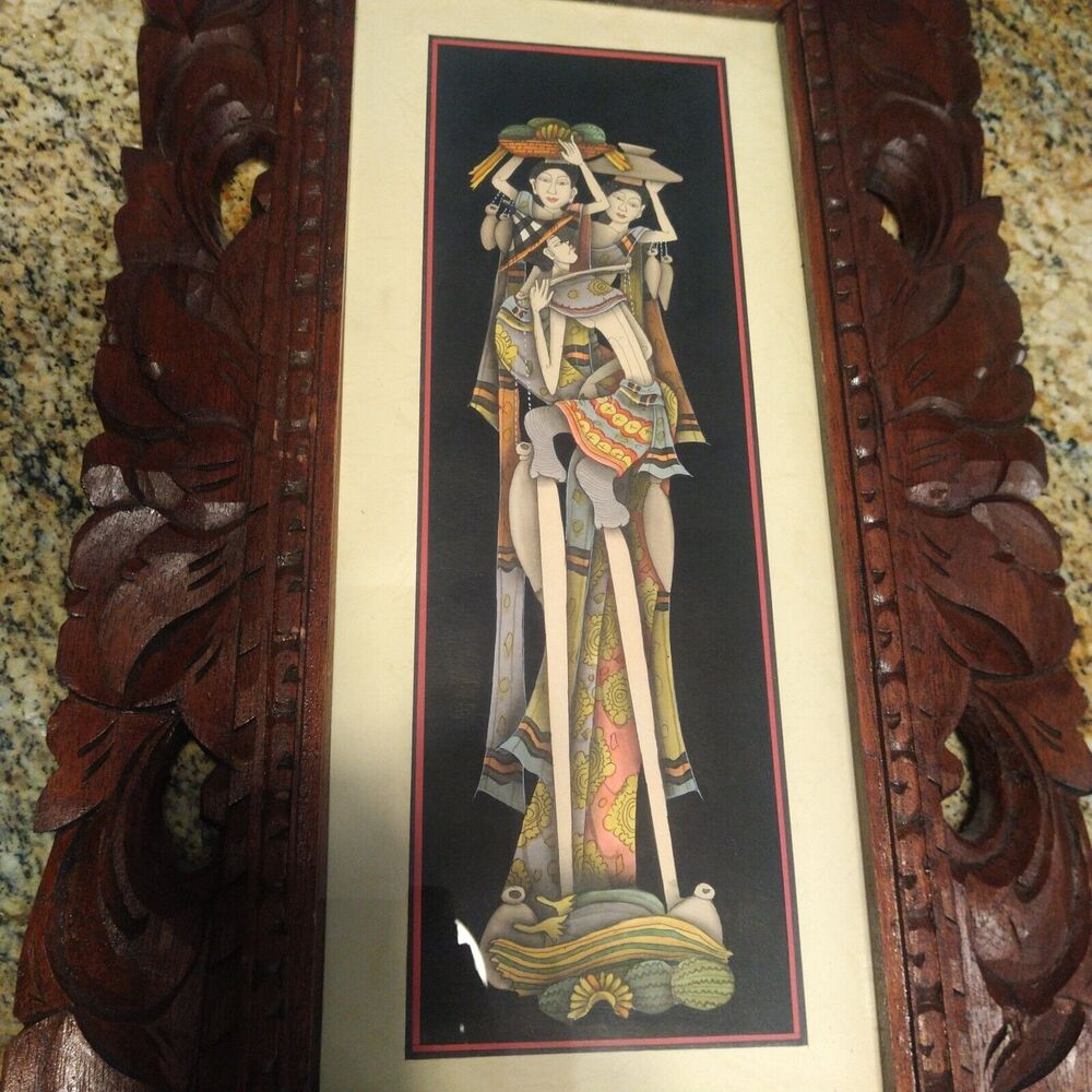Bali Painting Drawing Carved Wood Frame Elongated People Fruit Nice!